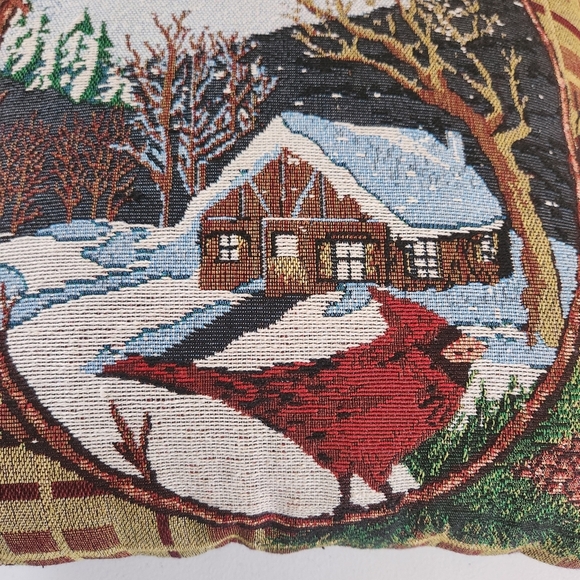 Vintage Tapestry Decorative Pillow Red Cardinal Winter Farm 15" Square Christmas - Picture 2 of 5